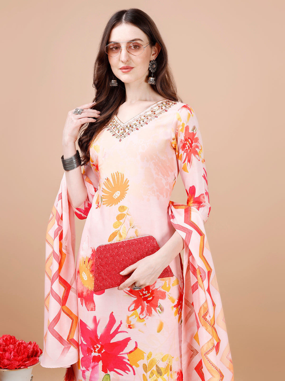 Hand Embroidered Floral Printed Muslin Kurta With Pant & Dupatta, Multicolor - Hiral Fashion
