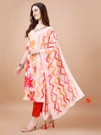 Hand Embroidered Floral Printed Muslin Kurta With Pant & Dupatta, Multicolor - Hiral Fashion
