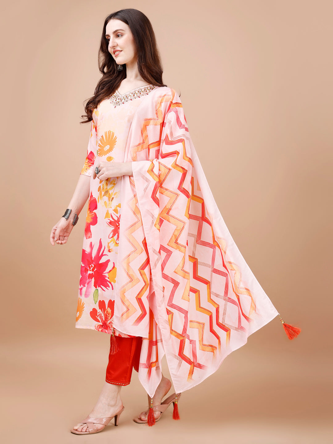 Hand Embroidered Floral Printed Muslin Kurta With Pant & Dupatta, Multicolor - Hiral Fashion
