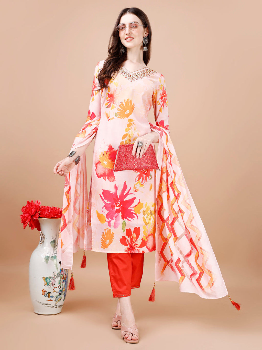 Hand Embroidered Floral Printed Muslin Kurta With Pant & Dupatta, Multicolor - Hiral Fashion