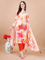 Hand Embroidered Floral Printed Muslin Kurta With Pant & Dupatta, Multicolor - Hiral Fashion