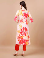 Hand Embroidered Floral Printed Muslin Kurta With Pant & Dupatta, Multicolor - Hiral Fashion