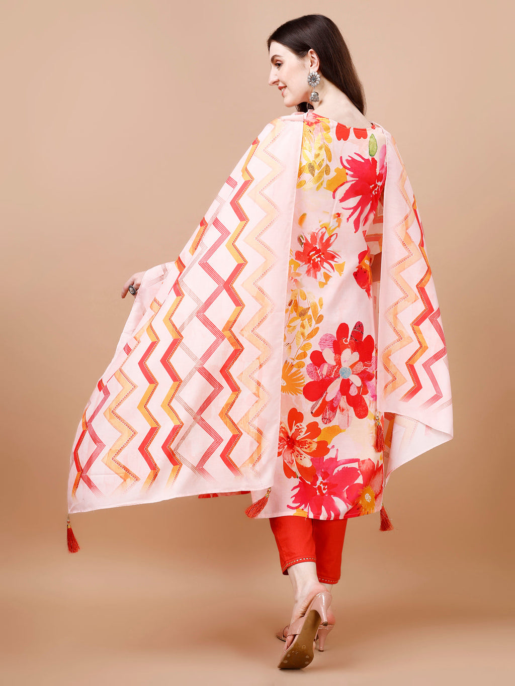 Hand Embroidered Floral Printed Muslin Kurta With Pant & Dupatta, Multicolor - Hiral Fashion