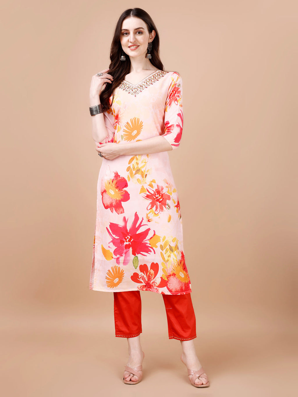 Hand Embroidered Floral Printed Muslin Kurta With Pant & Dupatta, Multicolor - Hiral Fashion