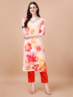 Hand Embroidered Floral Printed Muslin Kurta With Pant & Dupatta, Multicolor - Hiral Fashion