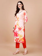 Hand Embroidered Floral Printed Muslin Kurta With Pant & Dupatta, Multicolor - Hiral Fashion
