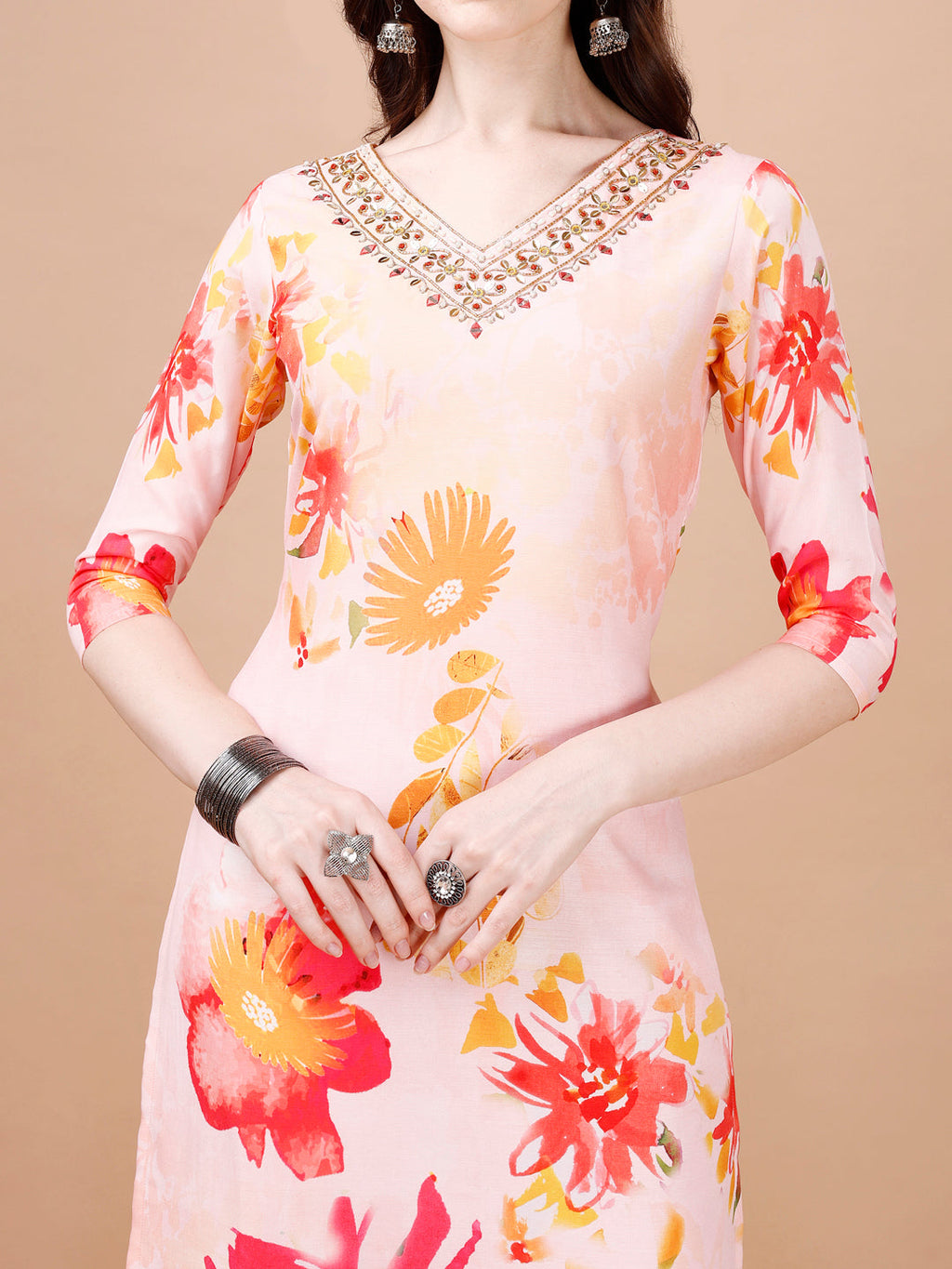 Hand Embroidered Floral Printed Muslin Kurta With Pant & Dupatta, Multicolor - Hiral Fashion
