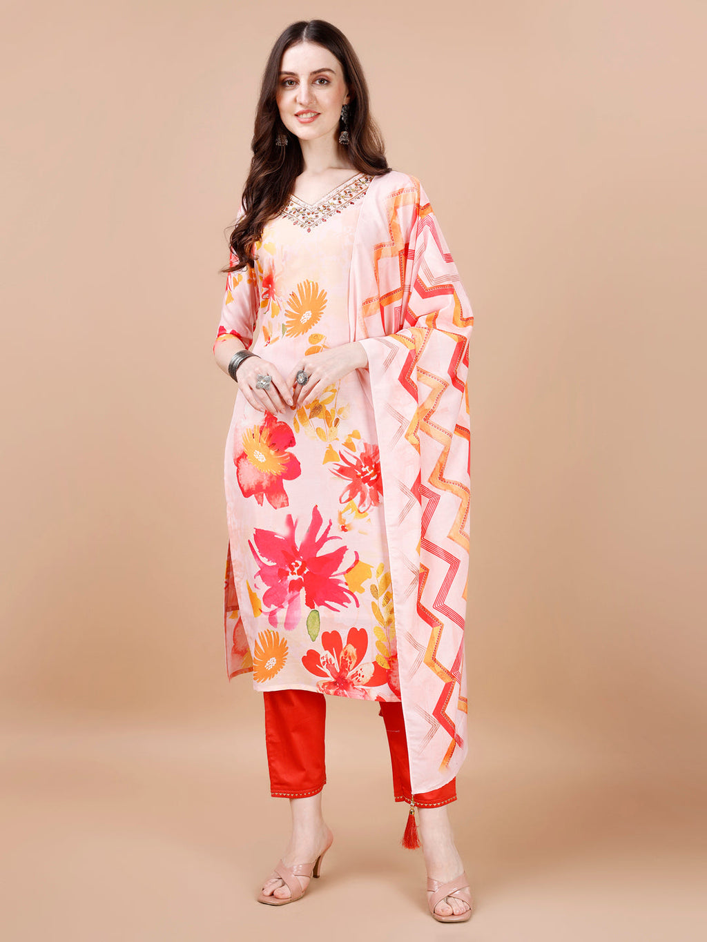 Hand Embroidered Floral Printed Muslin Kurta With Pant & Dupatta, Multicolor - Hiral Fashion