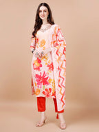 Hand Embroidered Floral Printed Muslin Kurta With Pant & Dupatta, Multicolor - Hiral Fashion