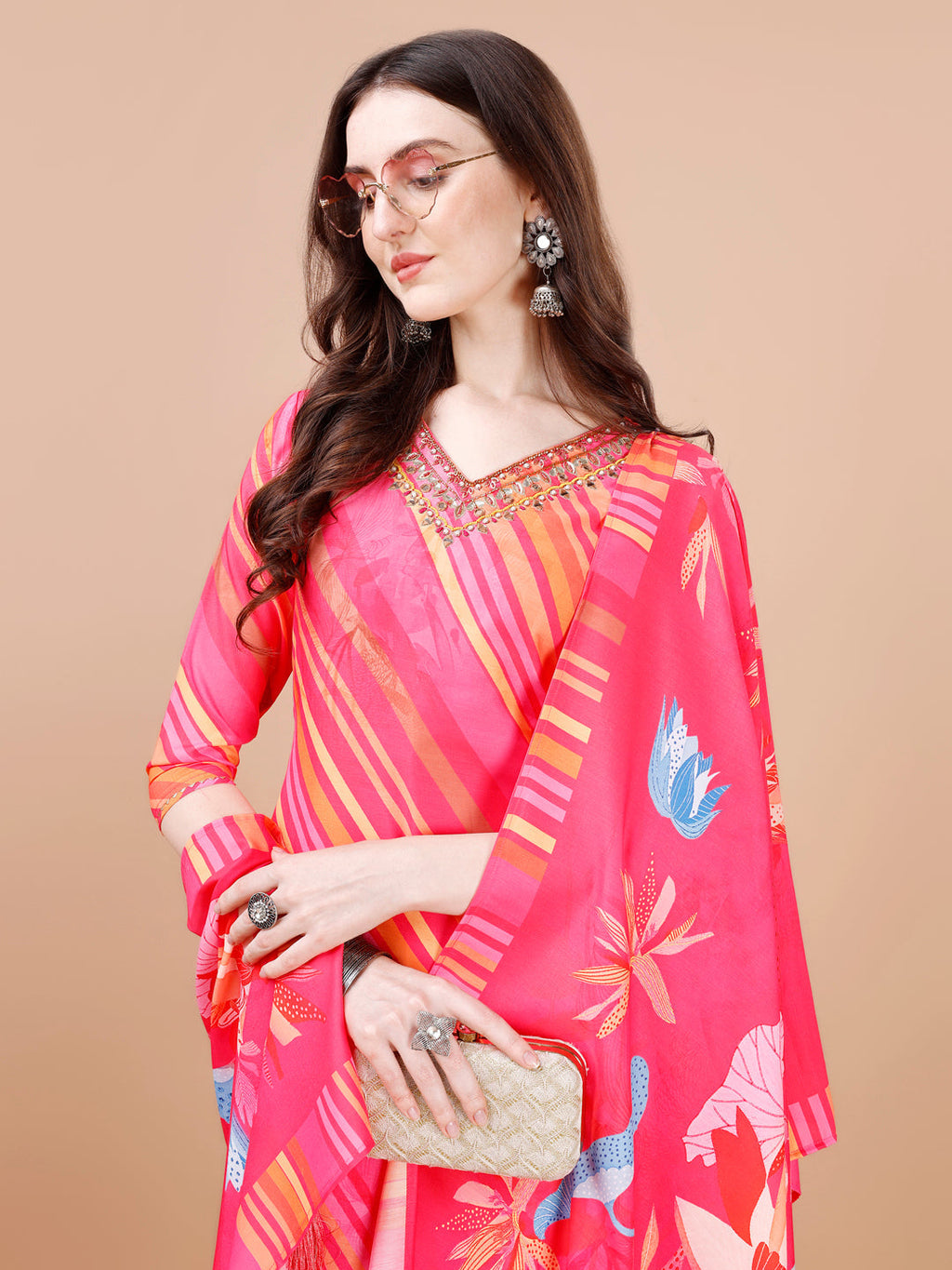 Hand Embroidered Stripes Printed Muslin Kurta With Pant & Dupatta, Multicolor - Hiral Fashion - Distacart