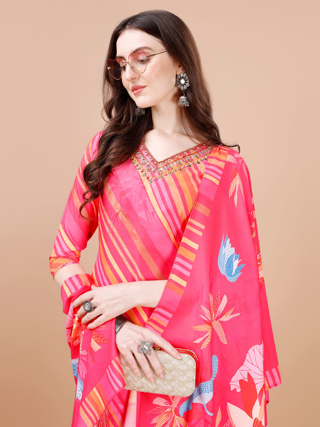 Hand Embroidered Stripes Printed Muslin Kurta With Pant & Dupatta, Multicolor - Hiral Fashion - Distacart