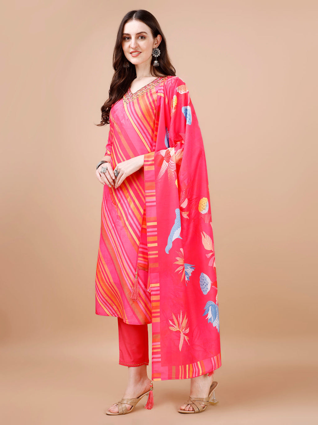 Hand Embroidered Stripes Printed Muslin Kurta With Pant & Dupatta, Multicolor - Hiral Fashion - Distacart