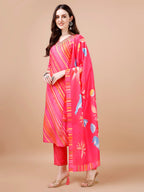 Hand Embroidered Stripes Printed Muslin Kurta With Pant & Dupatta, Multicolor - Hiral Fashion - Distacart