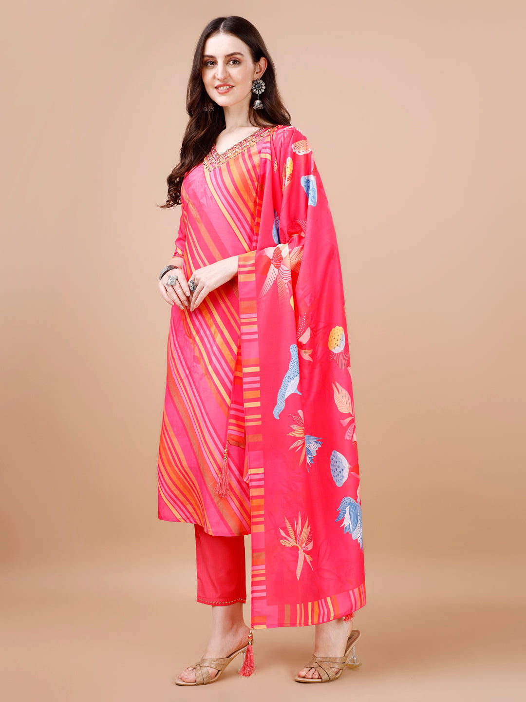 Hand Embroidered Stripes Printed Muslin Kurta With Pant & Dupatta, Multicolor - Hiral Fashion - Distacart