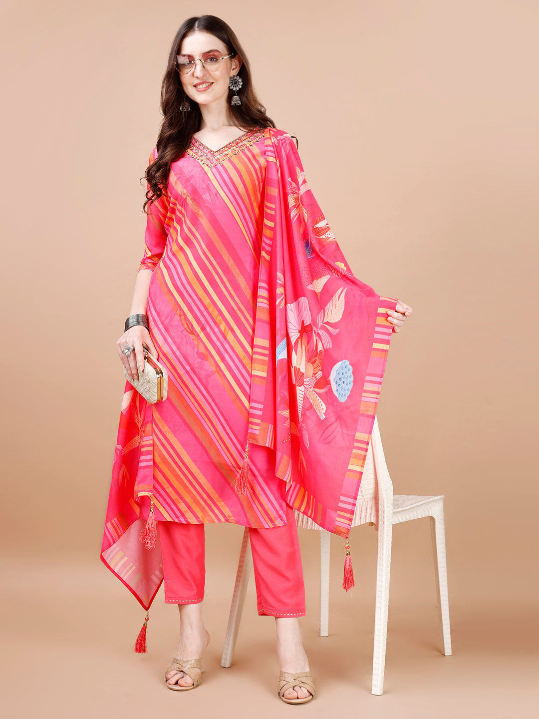 Hand Embroidered Stripes Printed Muslin Kurta With Pant & Dupatta, Multicolor - Hiral Fashion - Distacart