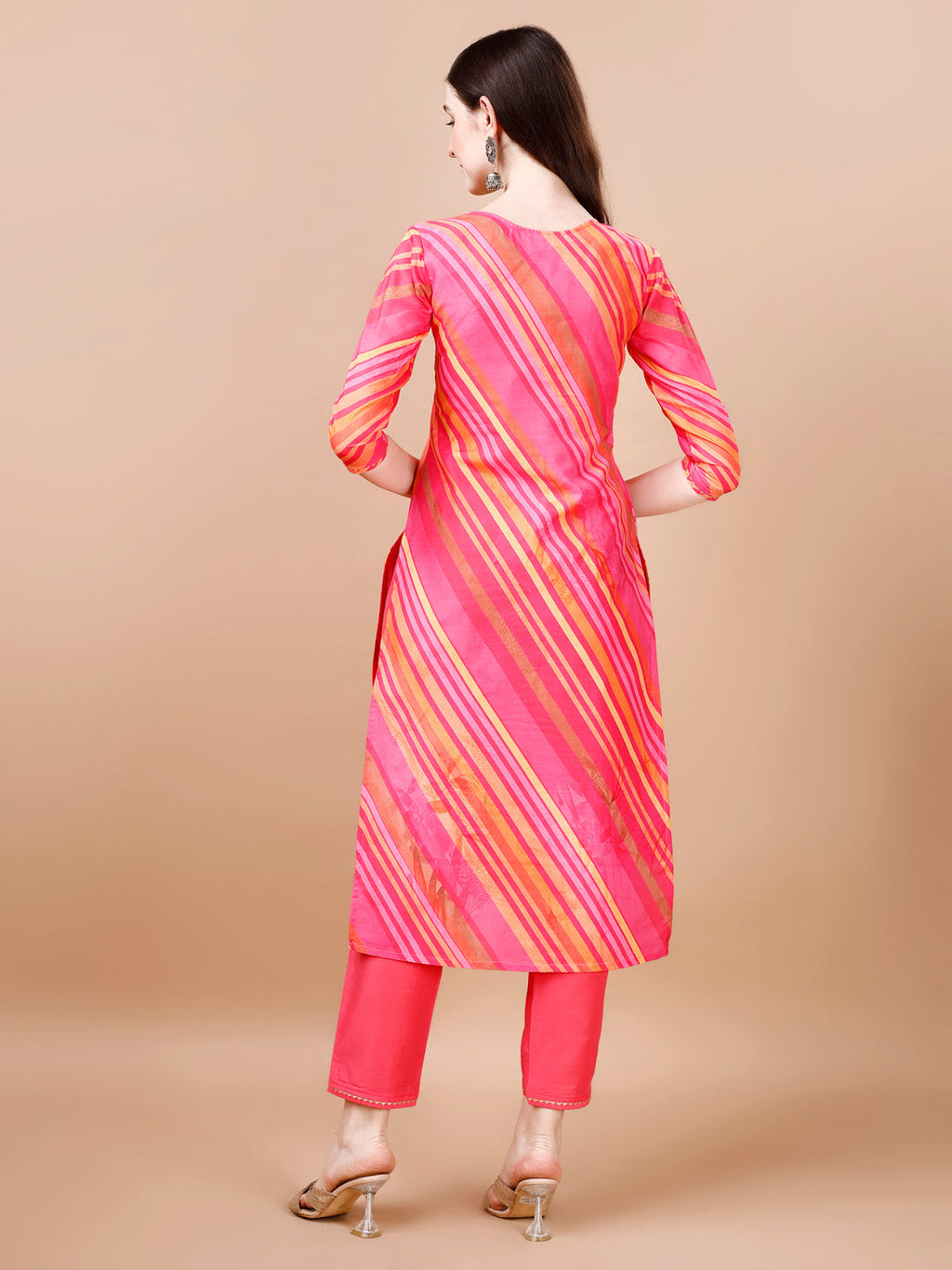 Hand Embroidered Stripes Printed Muslin Kurta With Pant & Dupatta, Multicolor - Hiral Fashion - Distacart