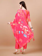 Hand Embroidered Stripes Printed Muslin Kurta With Pant & Dupatta, Multicolor - Hiral Fashion - Distacart