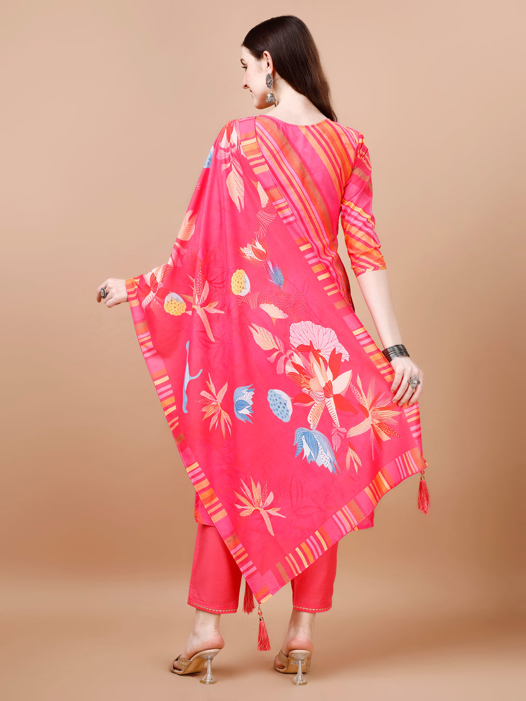Hand Embroidered Stripes Printed Muslin Kurta With Pant & Dupatta, Multicolor - Hiral Fashion - Distacart