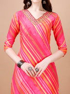 Hand Embroidered Stripes Printed Muslin Kurta With Pant & Dupatta, Multicolor - Hiral Fashion - Distacart