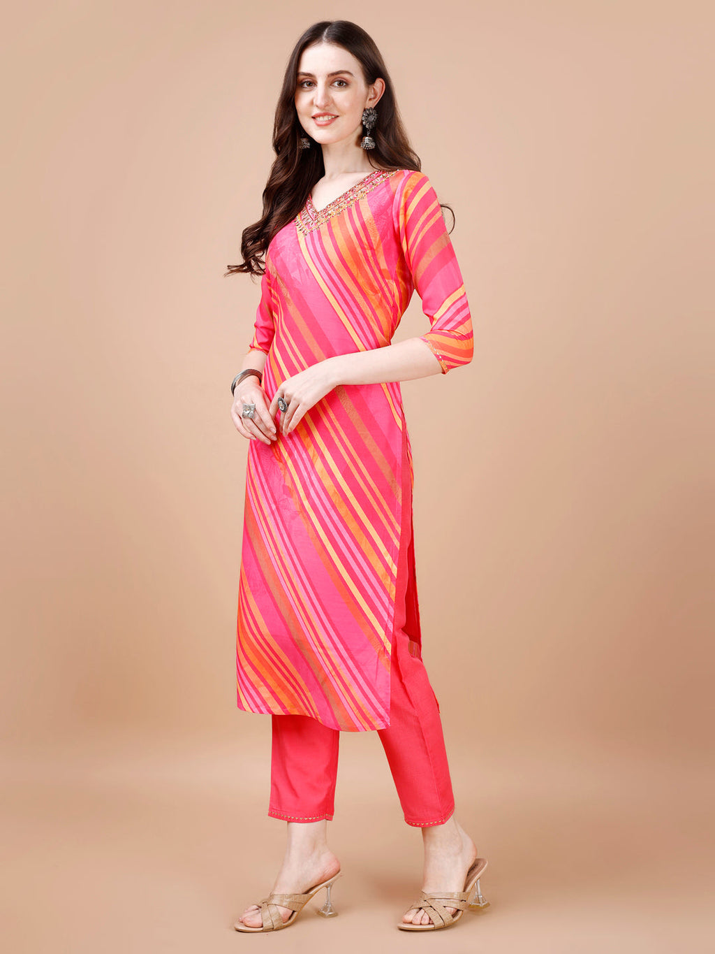 Hand Embroidered Stripes Printed Muslin Kurta With Pant & Dupatta, Multicolor - Hiral Fashion - Distacart