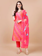 Hand Embroidered Stripes Printed Muslin Kurta With Pant & Dupatta, Multicolor - Hiral Fashion - Distacart