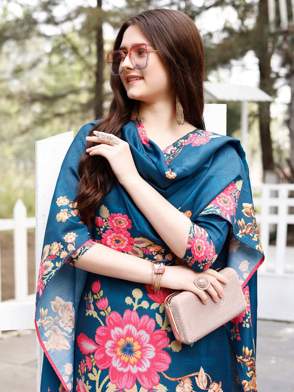 Hand Embroidered Floral Printed Muslin Kurta With Pant & Dupatta, Multicolor - Hiral Fashion - Distacart