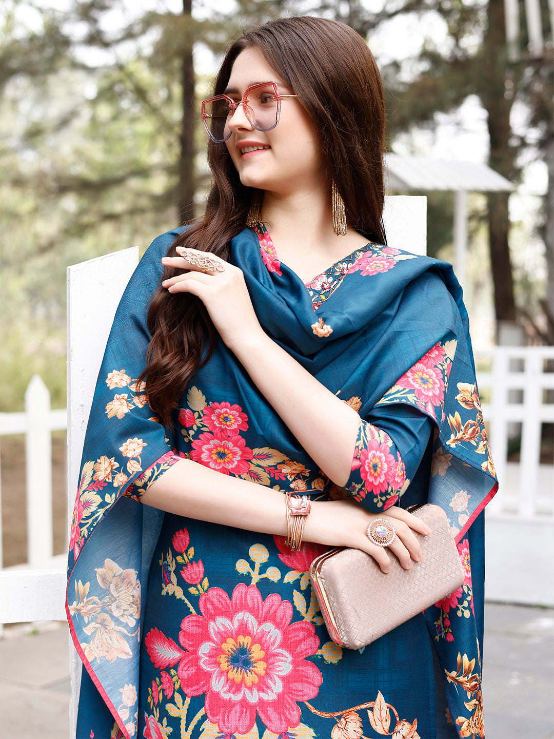 Hand Embroidered Floral Printed Muslin Kurta With Pant & Dupatta, Multicolor - Hiral Fashion - Distacart