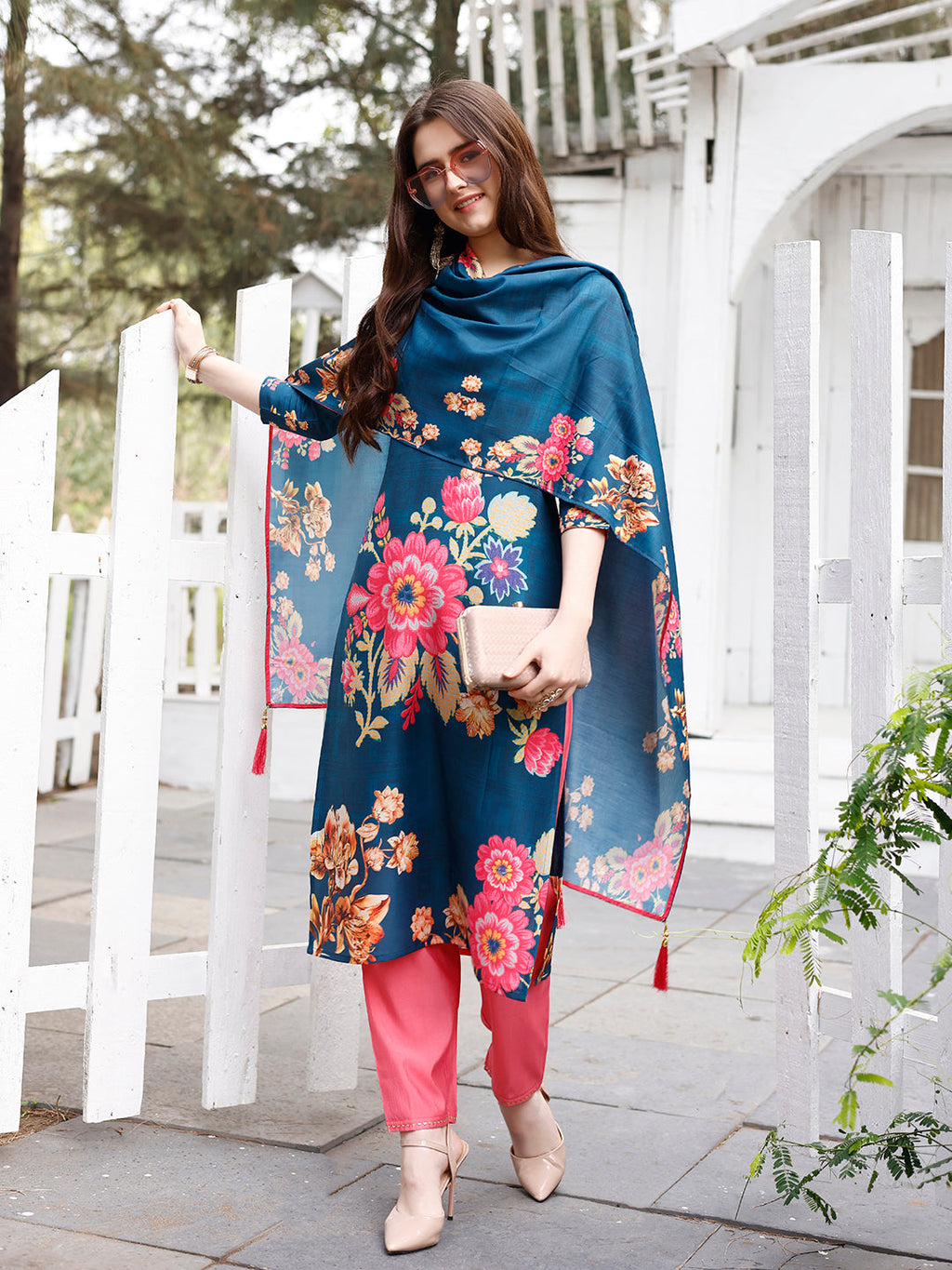 Hand Embroidered Floral Printed Muslin Kurta With Pant & Dupatta, Multicolor - Hiral Fashion - Distacart
