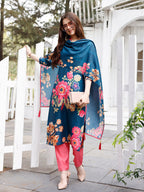 Hand Embroidered Floral Printed Muslin Kurta With Pant & Dupatta, Multicolor - Hiral Fashion - Distacart