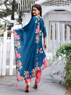 Hand Embroidered Floral Printed Muslin Kurta With Pant & Dupatta, Multicolor - Hiral Fashion - Distacart