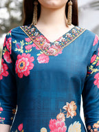 Hand Embroidered Floral Printed Muslin Kurta With Pant & Dupatta, Multicolor - Hiral Fashion - Distacart