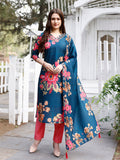 Hand Embroidered Floral Printed Muslin Kurta With Pant & Dupatta, Multicolor - Hiral Fashion - Distacart