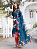 Hand Embroidered Floral Printed Muslin Kurta With Pant & Dupatta, Multicolor - Hiral Fashion - Distacart