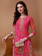 Printed Cotton Kurta With Pant & Dupatta, Pink - Hiral Fashion
