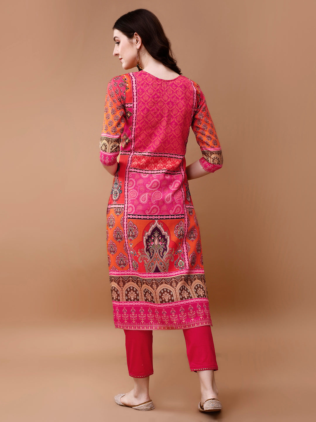 Printed Cotton Kurta With Pant & Dupatta, Pink - Hiral Fashion