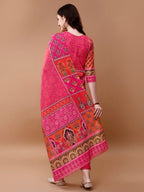 Printed Cotton Kurta With Pant & Dupatta, Pink - Hiral Fashion