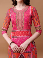 Printed Cotton Kurta With Pant & Dupatta, Pink - Hiral Fashion
