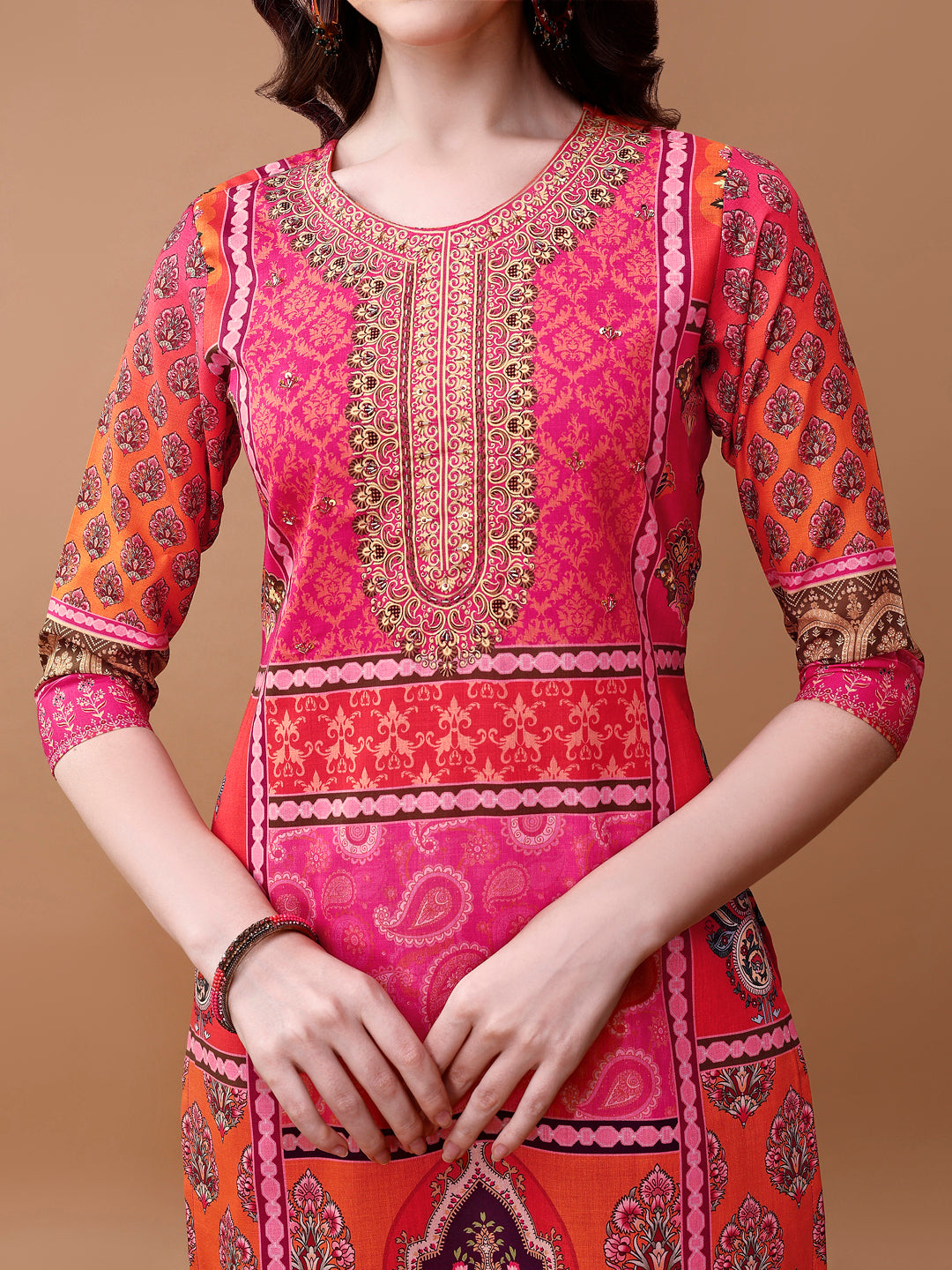 Printed Cotton Kurta With Pant & Dupatta, Pink - Hiral Fashion