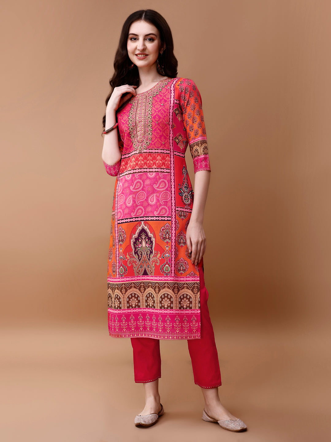 Printed Cotton Kurta With Pant & Dupatta, Pink - Hiral Fashion