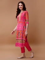 Printed Cotton Kurta With Pant & Dupatta, Pink - Hiral Fashion