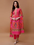 Printed Cotton Kurta With Pant & Dupatta, Pink - Hiral Fashion