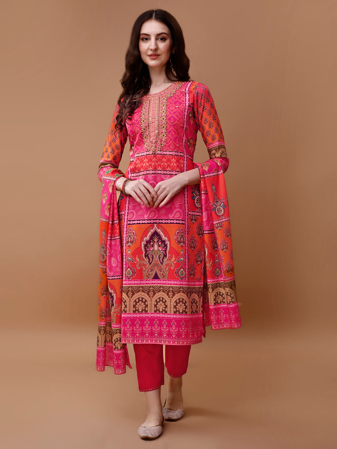 Printed Cotton Kurta With Pant & Dupatta, Pink - Hiral Fashion