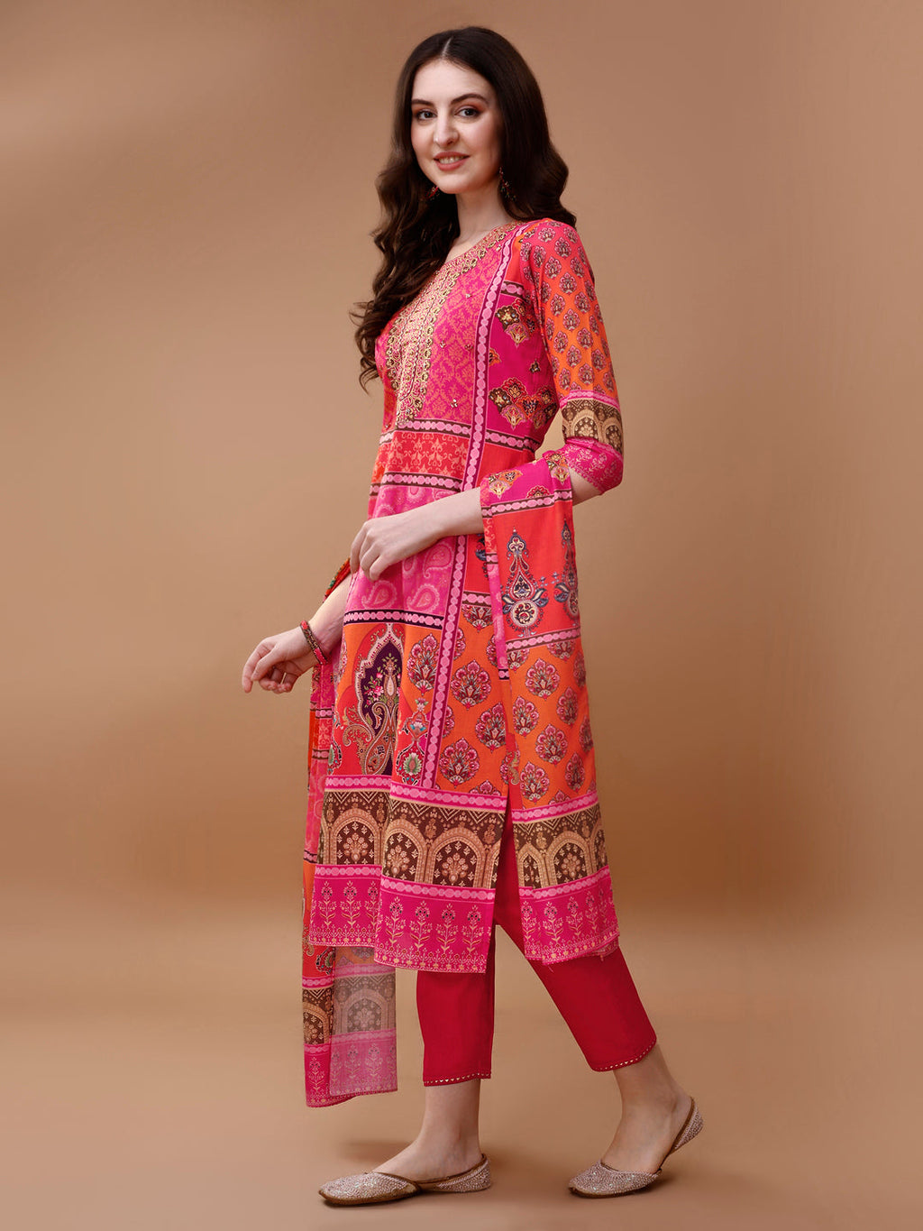 Printed Cotton Kurta With Pant & Dupatta, Pink - Hiral Fashion