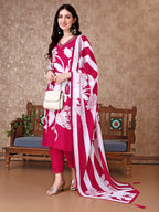 Hand Embroidered & Floral Printed Pure Silk Kurta With Pant & Dupatta, Pink - Hiral Fashion - Distacart