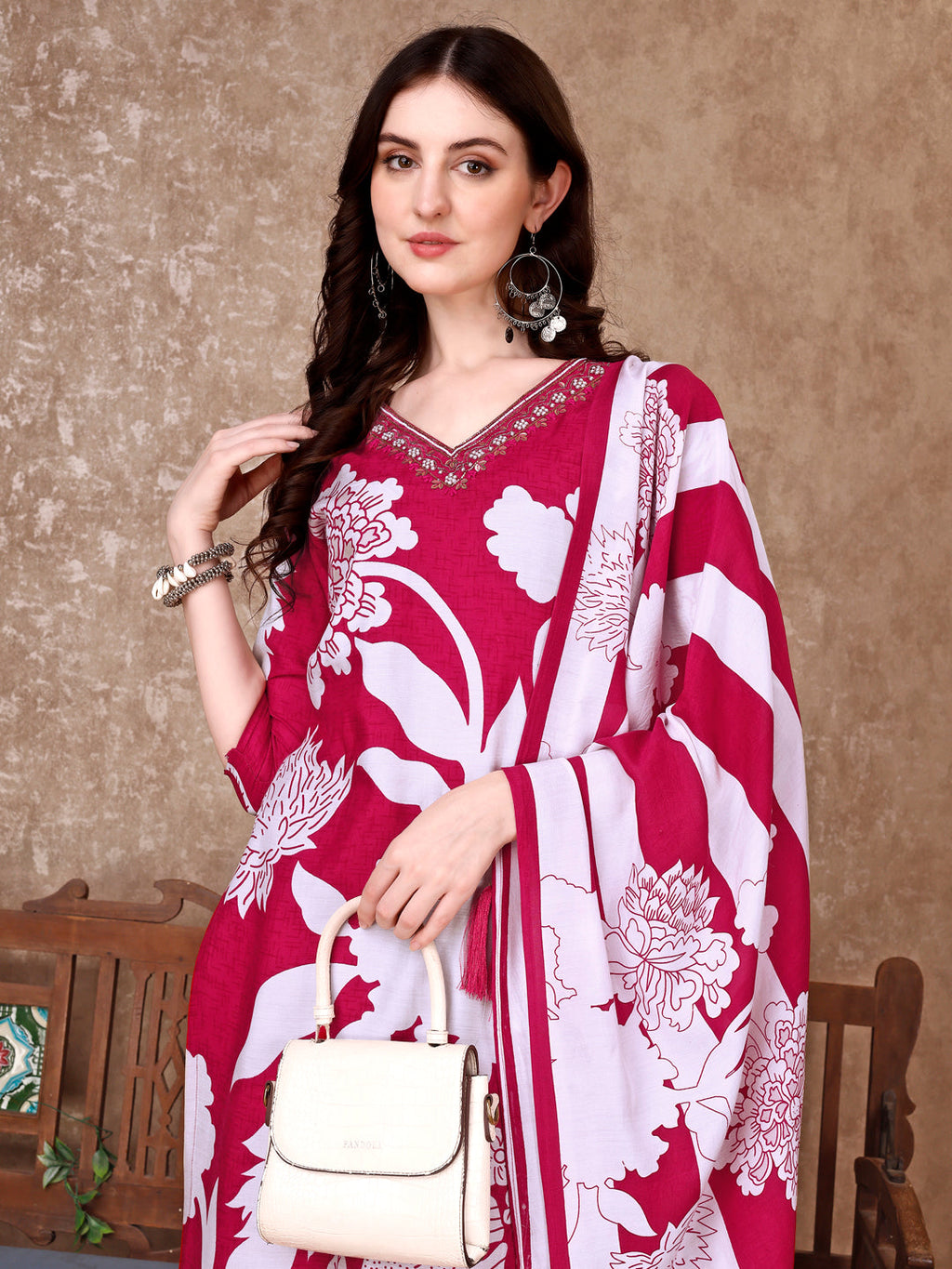 Hand Embroidered & Floral Printed Pure Silk Kurta With Pant & Dupatta, Pink - Hiral Fashion - Distacart