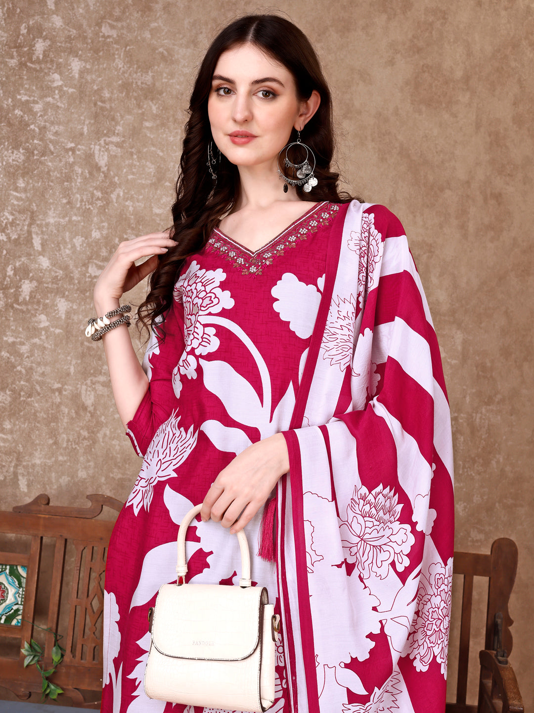 Hand Embroidered & Floral Printed Pure Silk Kurta With Pant & Dupatta, Pink - Hiral Fashion - Distacart