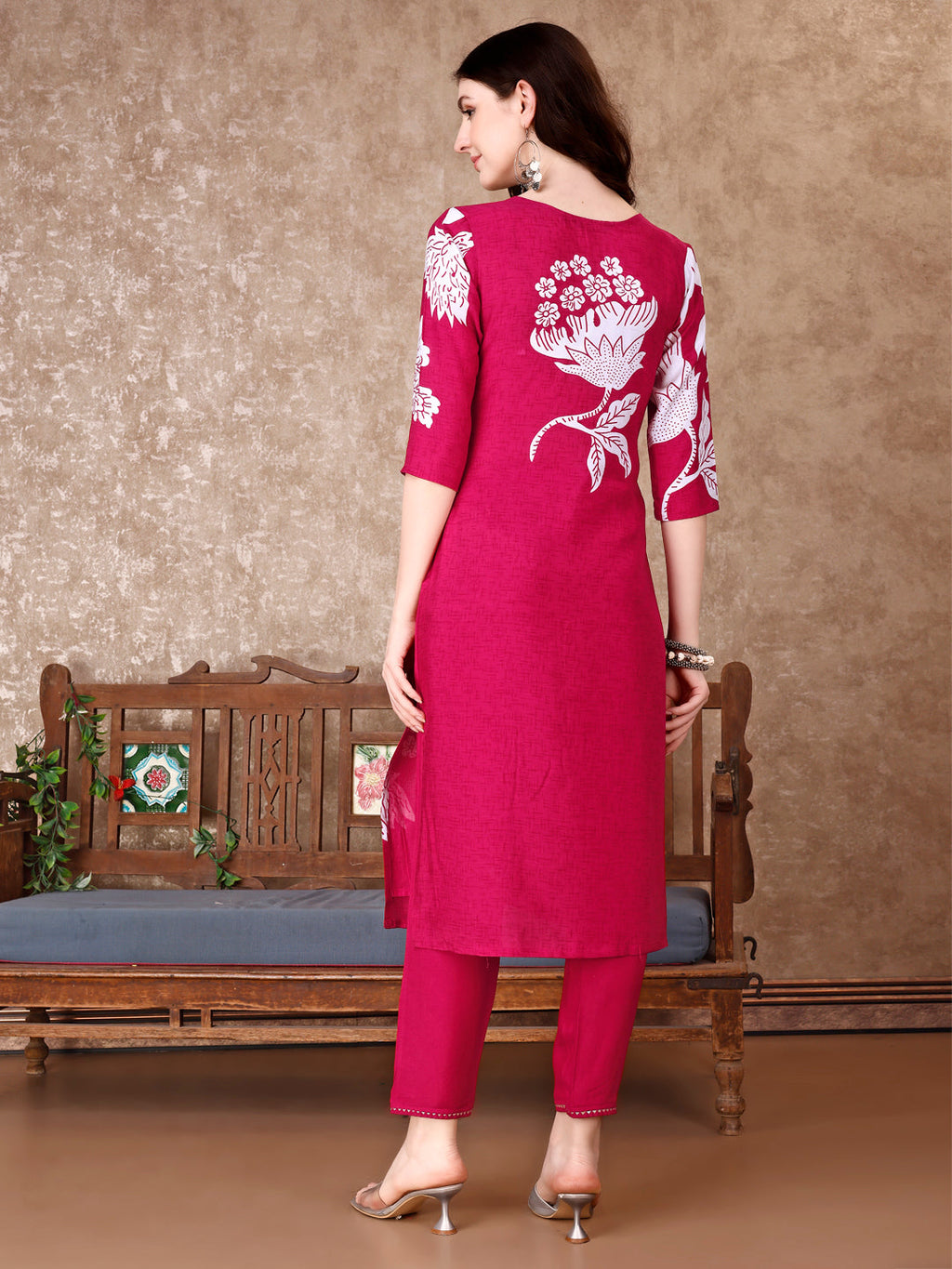 Hand Embroidered & Floral Printed Pure Silk Kurta With Pant & Dupatta, Pink - Hiral Fashion - Distacart