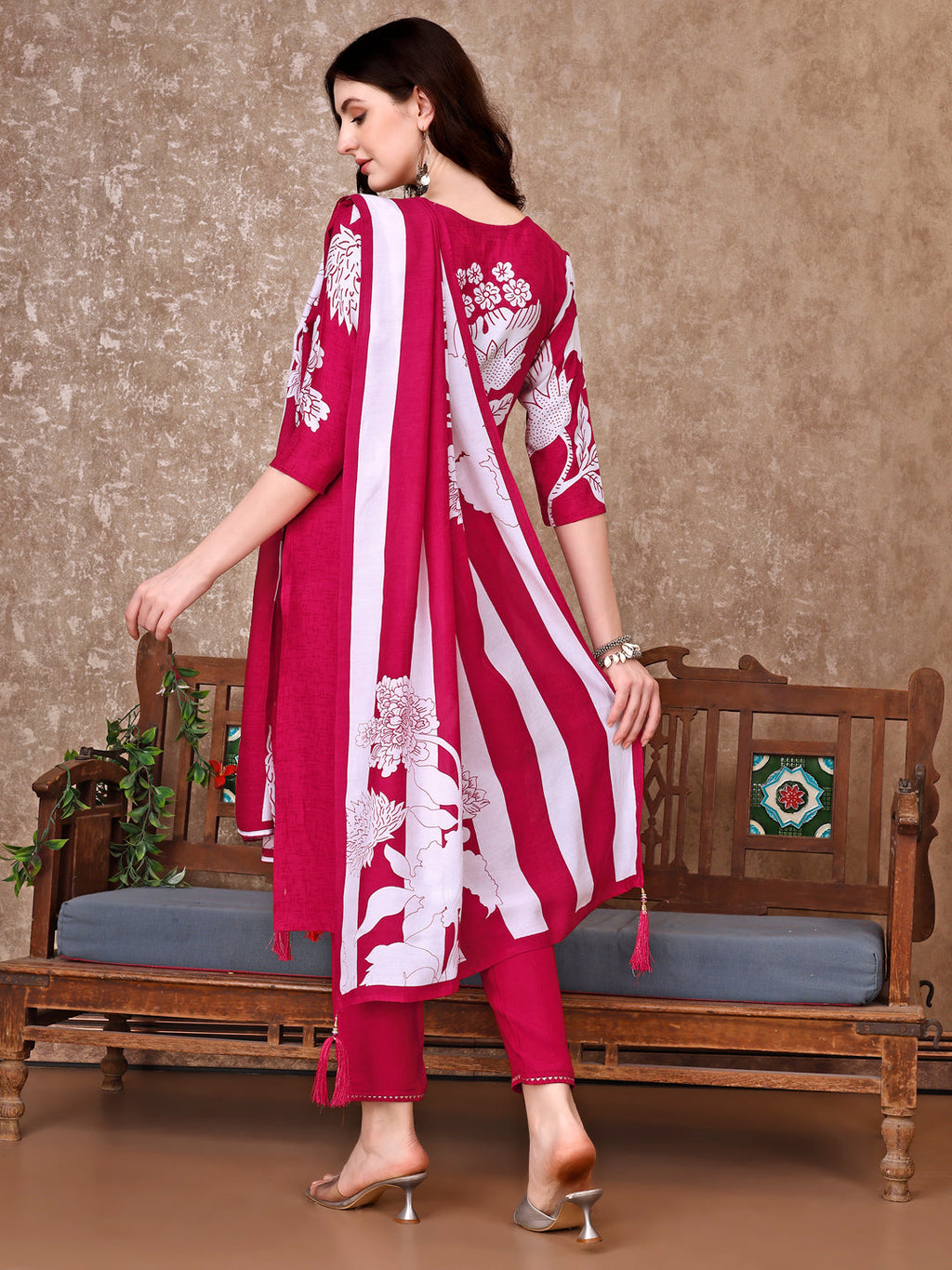 Hand Embroidered & Floral Printed Pure Silk Kurta With Pant & Dupatta, Pink - Hiral Fashion - Distacart