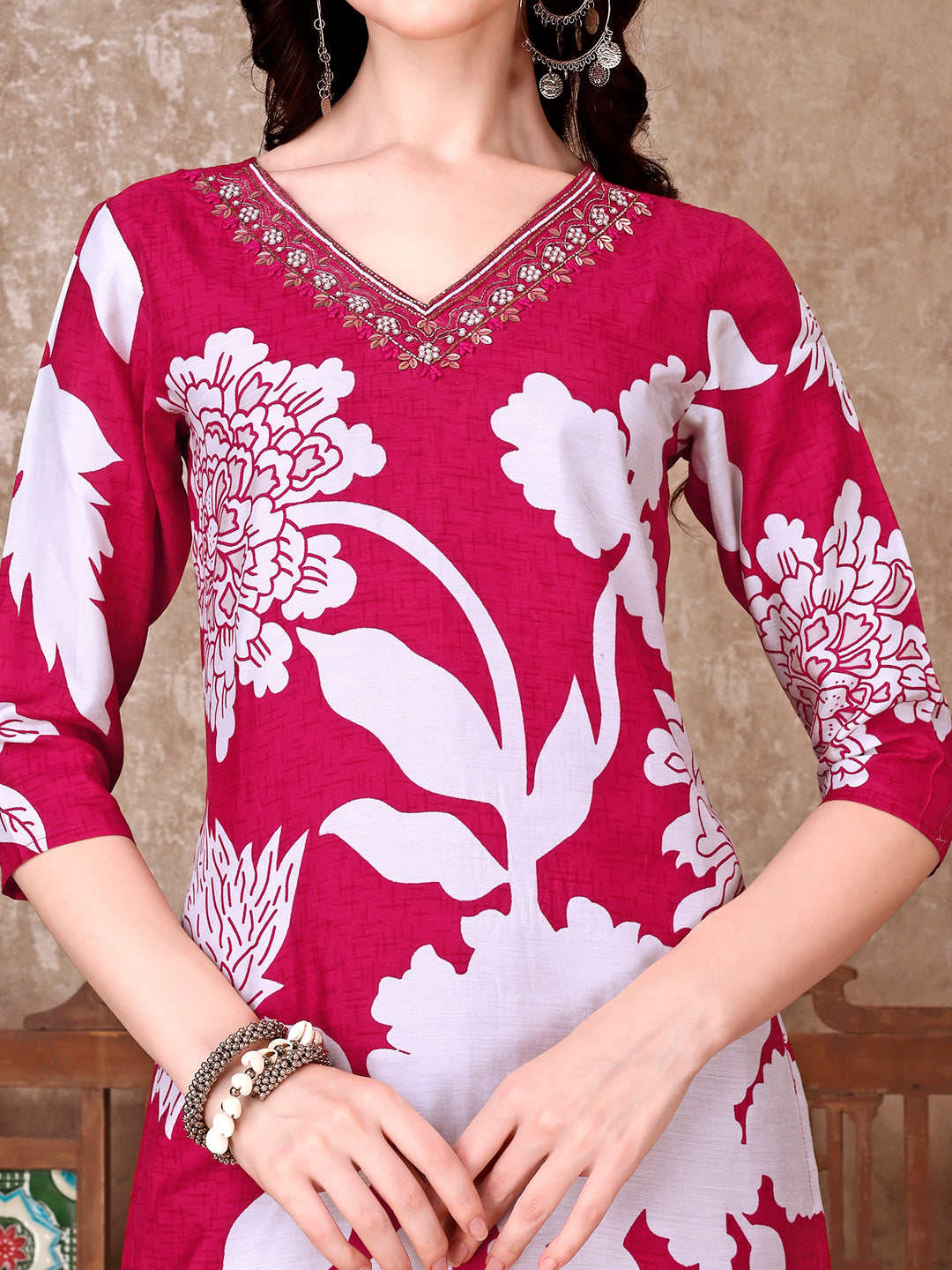 Hand Embroidered & Floral Printed Pure Silk Kurta With Pant & Dupatta, Pink - Hiral Fashion - Distacart