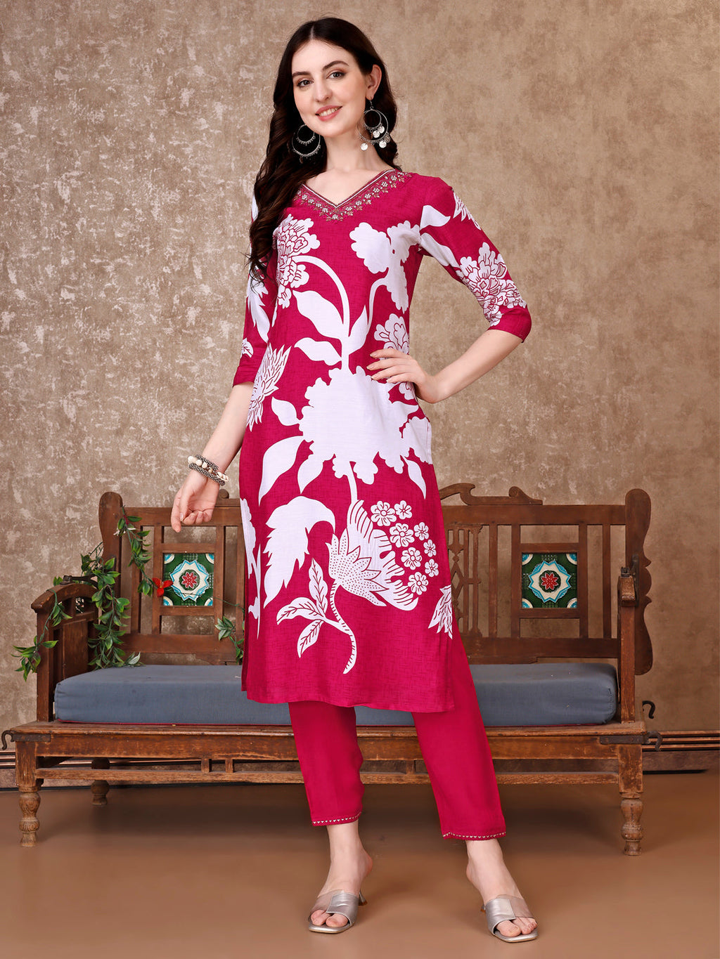 Hand Embroidered & Floral Printed Pure Silk Kurta With Pant & Dupatta, Pink - Hiral Fashion - Distacart